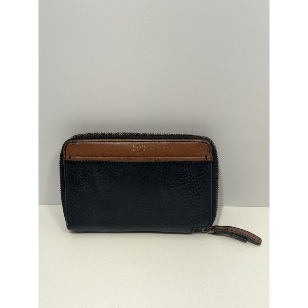Fossil Logan Zip Around Clutch Wallet Black Brown Pebbled Leather Two Tone